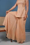 Taro_Peach Cotton, Lurex Zari Square Neck Beige Golden Kurta Set _at_Aza_Fashions