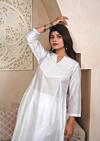Shop_Taro_White Chanderi V-neck Designer Powder Pearl Kurta Pant Set 