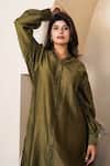Taro_Olive Green Chanderi Collared Cotton Silk Dress _Online_at_Aza_Fashions
