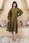 Buy_Taro_Olive Green Chanderi Collared Cotton Silk Dress _at_Aza_Fashions
