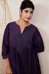 Taro_Purple Chanderi, Cotton Embroidery Split V-neck Silk Kurta Pant Set _Online_at_Aza_Fashions