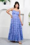 Buy_Taro_Blue Cotton, Chiffon Scoop Neck Water Lily Hand Block Printed Dress _at_Aza_Fashions