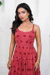 Taro_Red Cotton Embroidery Scoop Neck Poppy Flower Hand Block Printed Dress _Online_at_Aza_Fashions