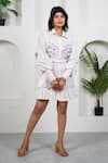 Taro_White Cotton Embroidery Collared Icy Flamingo Hand Block Printed Dress _Online_at_Aza_Fashions