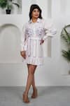 Buy_Taro_White Cotton Embroidery Collared Icy Flamingo Hand Block Printed Dress _at_Aza_Fashions