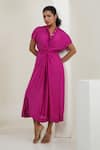 Taro_Pink Cotton Collared Fuscia Knotted Dress _Online_at_Aza_Fashions