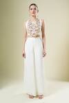 Buy_Samyukta Singhania_Off White Chiffon, Georgette Embroidery Round Neck, Open Blouse And Palazzo Set _Online_at_Aza_Fashions