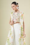 Buy_Samyukta Singhania_Off White Chiffon, Georgette Embroidery Round Neck, Open Blouse And Palazzo Set 