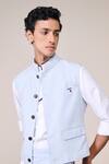 Shop_S&N By Shantnu Nikhil_Blue Linen Embroidery Light Minimalist Waistcoat _Online_at_Aza_Fashions