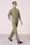 Buy_S&N By Shantnu Nikhil_Olive Green Linen Machine Embroidered Shirt _Online_at_Aza_Fashions