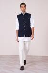 Buy_S&N By Shantnu Nikhil_Navy Rayon, Spandex, Tencel Faux Leather Accent Waistcoat _at_Aza_Fashions