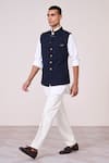 Buy_S&N By Shantnu Nikhil_Navy Rayon, Spandex, Tencel Faux Leather Accent Waistcoat _Online_at_Aza_Fashions