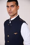 S&N By Shantnu Nikhil_Navy Rayon, Spandex, Tencel Faux Leather Accent Waistcoat _at_Aza_Fashions