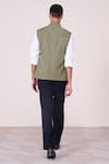 Shop_S&N By Shantnu Nikhil_Green Linen Embroidery Military Sartorial Waistcoat _at_Aza_Fashions