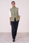 Buy_S&N By Shantnu Nikhil_Green Linen Embroidery Military Sartorial Waistcoat _at_Aza_Fashions