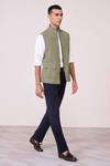 Buy_S&N By Shantnu Nikhil_Green Linen Embroidery Military Sartorial Waistcoat _Online_at_Aza_Fashions