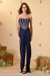 S&N By Shantnu Nikhil_Navy Polyester, Jersey, Spandex Open Neck Corset Gown _Online_at_Aza_Fashions