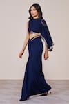 Shop_S&N By Shantnu Nikhil_Navy Jersey, Spandex Metallic Thread Asymmetric One-sleeve Draped Top _Online_at_Aza_Fashions