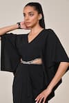 S&N By Shantnu Nikhil_Black Polyester, Jersey, Spandex V-neck Draped Gown  _Online_at_Aza_Fashions