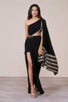 Buy_S&N By Shantnu Nikhil_Black Jersey, Spandex Asymmetric One-shoulder Saree Gown _at_Aza_Fashions