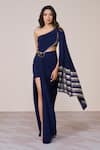 Buy_S&N By Shantnu Nikhil_Navy Jersey, Spandex One Shoulder Saree Gown _at_Aza_Fashions