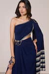 Shop_S&N By Shantnu Nikhil_Navy Jersey, Spandex One Shoulder Saree Gown _Online_at_Aza_Fashions