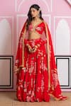 Buy_Yuvraani Jaipur_Red Chinon, Chiffon Embroidery V-neck Floral Lehenga Set _at_Aza_Fashions