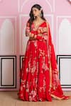 Yuvraani Jaipur_Red Chinon, Chiffon Embroidery V-neck Floral Lehenga Set _Online_at_Aza_Fashions