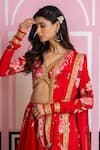 Buy_Yuvraani Jaipur_Red Chinon, Chiffon Embroidery V-neck Floral Lehenga Set 