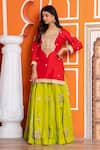 Buy_Yuvraani Jaipur_Red Silk, Organza Sequins, Embroidery Round Neck Lehenga Kurta Set 