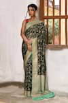 Buy_Naaritva India_Green Crepe, Chiffon, Silk Zari Banarasi Hand Woven Saree With Running Blouse _at_Aza_Fashions