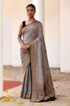 Buy_Naaritva India_Gray Crepe, Silk Zari Grey Banarasi Saree With Running Blouse _at_Aza_Fashions