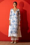 Buy_Yuvraani Jaipur_Ivory Chanderi, Cambric, Cotton, Organza Embroidery And Blue Floral Kurta Set _Online_at_Aza_Fashions
