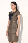 Linetribe__Gold Crepe Round Neck Quilted Designer Dress _at_Aza_Fashions