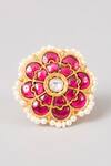 Shop_Karisa Designs_Pink Stones, Pearls Kavi Kundan Adjustable Ring _at_Aza_Fashions