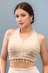 Buy_Samyukta Singhania_White Silk Pearls Halter Neck Embellished Blouse _at_Aza_Fashions