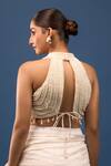 Shop_Samyukta Singhania_White Silk Pearls Halter Neck Embellished Blouse _at_Aza_Fashions