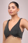 Samyukta Singhania_Black Silk Beads, Pearls V-neck Beaded Padded Blouse _Online_at_Aza_Fashions