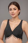 Buy_Samyukta Singhania_Black Silk Beads, Pearls V-neck Beaded Padded Blouse _at_Aza_Fashions