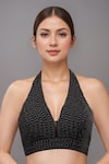 Buy_Samyukta Singhania_Black Silk Pearls Halter Neck Embroidered Padded Blouse _at_Aza_Fashions