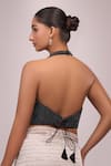 Shop_Samyukta Singhania_Black Silk Pearls Halter Neck Embroidered Padded Blouse _at_Aza_Fashions