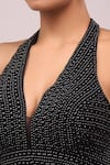 Samyukta Singhania_Black Silk Pearls Halter Neck Embroidered Padded Blouse _Online_at_Aza_Fashions