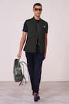 Buy_S&N By Shantnu Nikhil_Olive Green Rayon, Spandex, Tencel Machine Embroidered Waistcoat _at_Aza_Fashions
