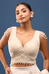 Samyukta Singhania_White Silk Beads, Pearls V-neck Padded Embroidered Blouse _Online_at_Aza_Fashions