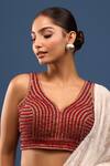 Samyukta Singhania_Red Silk Beads V-neck Embellished Padded Blouse _Online_at_Aza_Fashions