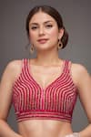 Buy_Samyukta Singhania_Pink Silk Crystals, Pearls V-neck Padded Hand Embroidered Blouse _at_Aza_Fashions
