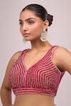 Samyukta Singhania_Pink Silk Crystals, Pearls V-neck Padded Hand Embroidered Blouse _Online_at_Aza_Fashions