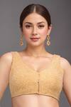 Buy_Samyukta Singhania_Gold Silk Crystals Round Neck Padded Hand Embroidered Blouse _at_Aza_Fashions