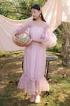 Buy_Marche_Purple Organza, Crepe Round Neck Maxi Bow Dress _at_Aza_Fashions