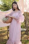 Buy_Marche_Purple Organza, Crepe Round Neck Maxi Bow Dress _Online_at_Aza_Fashions